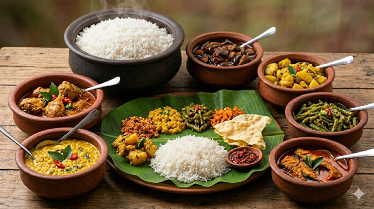 Authentic Sri Lankan Rice and Curry spread with various spicy curries in clay pots