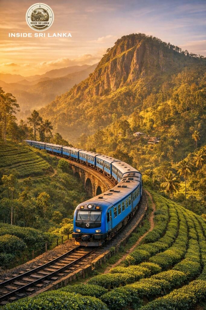 The famous blue train traveling through tea estates in Ella Sri Lanka
